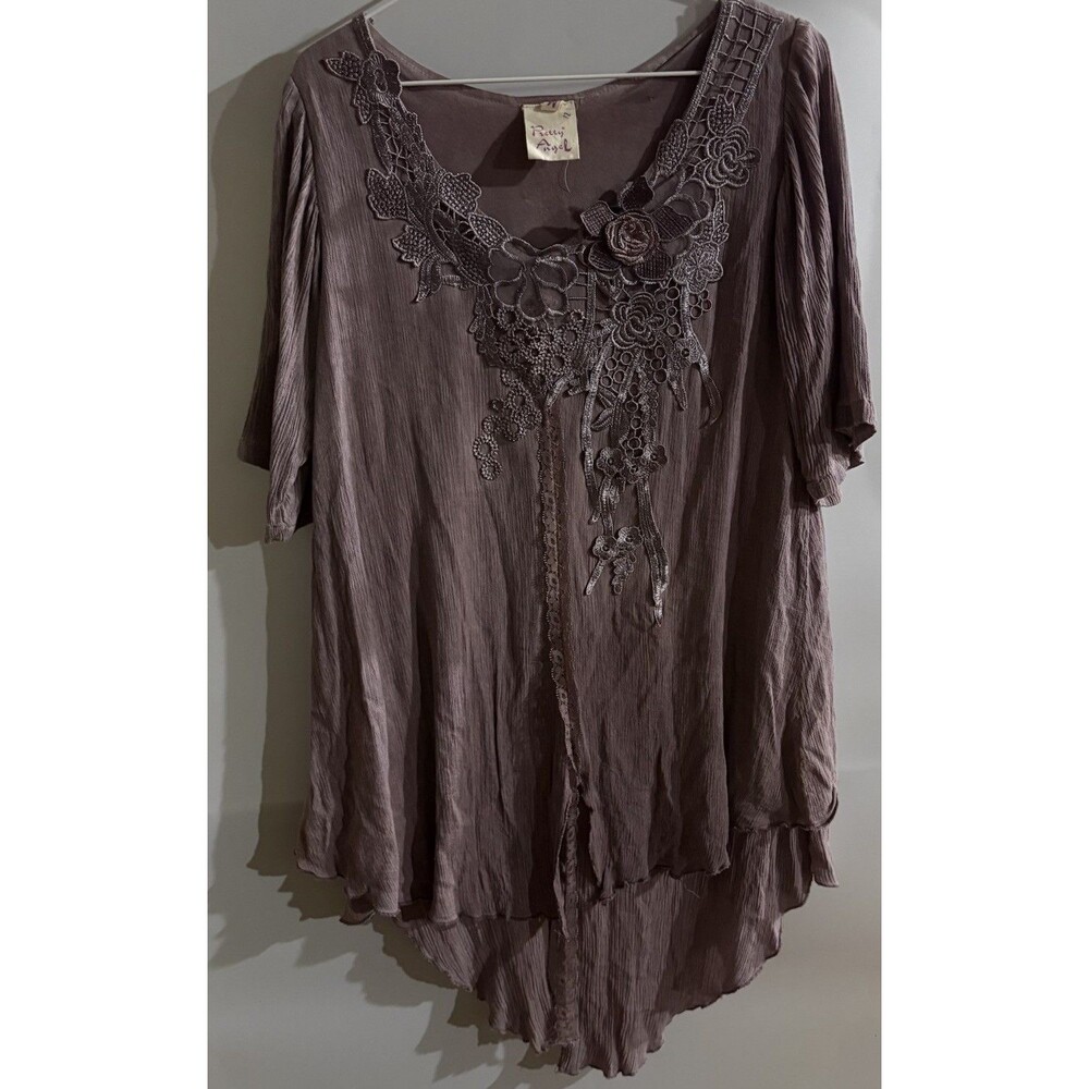 Pretty Angel Women’s Top M Purple Solid Scoop Neck 3/4 Sleeve Lace Embroidered